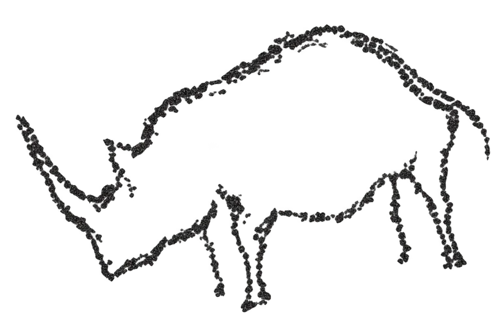 AI-assisted graphic reworking of the rhino engraving documented in the photograph
