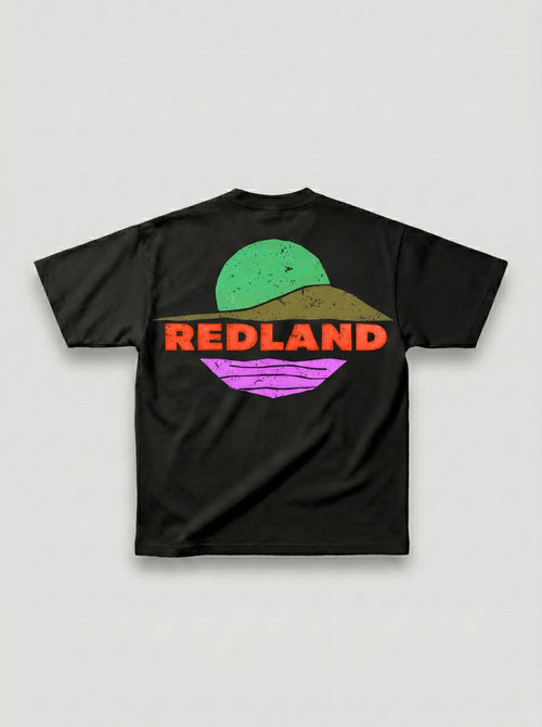 T-shirt nera Redland con grafica colorata Desert Night sul retro.