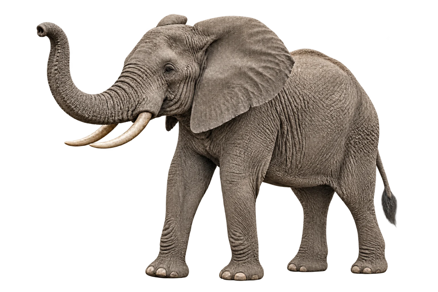 Full-length African elephant, with trunk raised, black and white