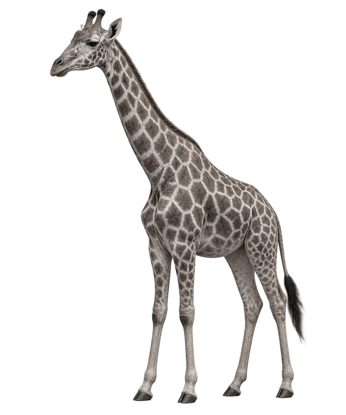 Full-figure giraffe, with high neck and spotted coat, in black and white