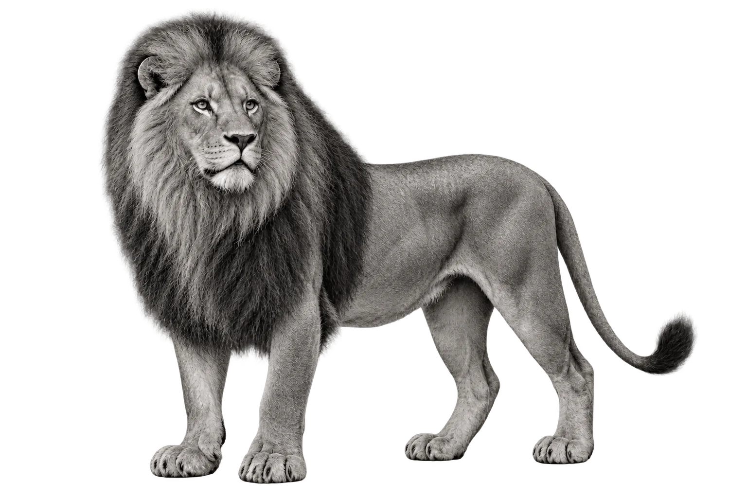 Full-length male lion, with dark mane and gaze turned towards the observer, in black and white