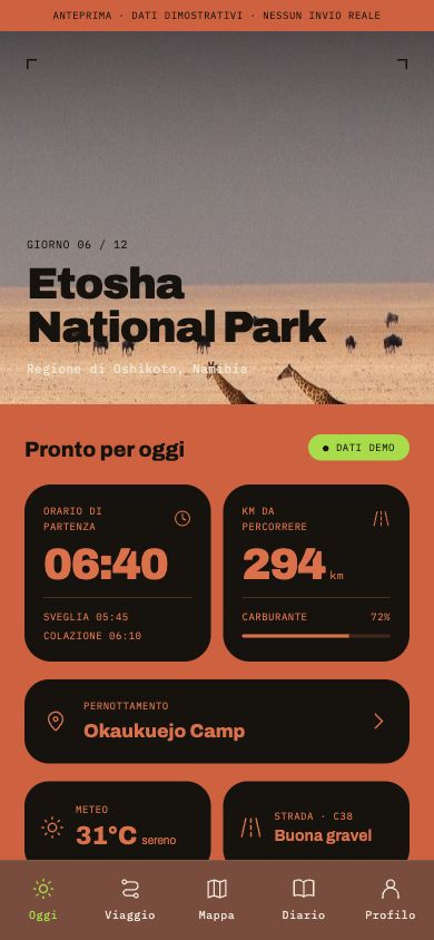 Mockup MYREDLAND Oggi: tappa Etosha, programma della giornata e pernottamento