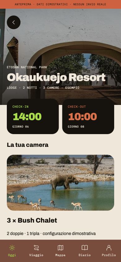 Mockup MYREDLAND soggiorno: Okaukuejo, check-in, camera e informazioni della struttura
