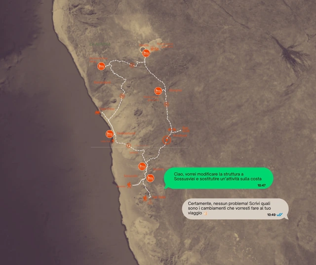 Mappa della Namibia con una conversazione di esempio sulle modifiche al viaggio.