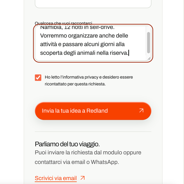 Esempio di richiesta di viaggio dal sito Redland.